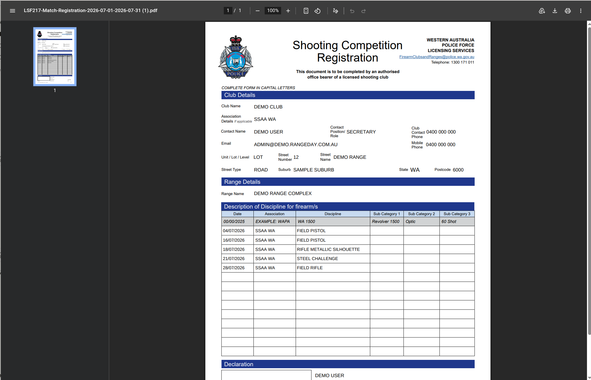The LSF217 form, generated and filled by RangeDay